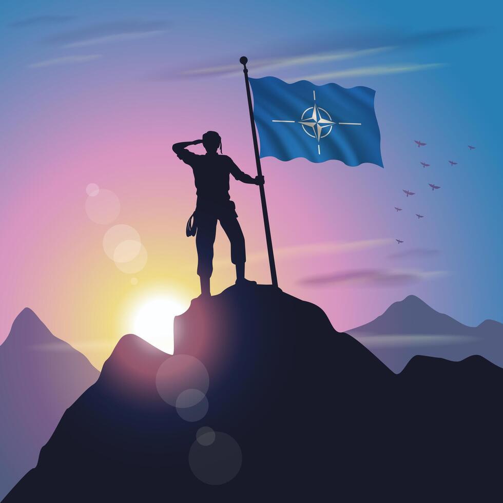 NATO flag raised on mountain peak with purplish yellow sunset background vector