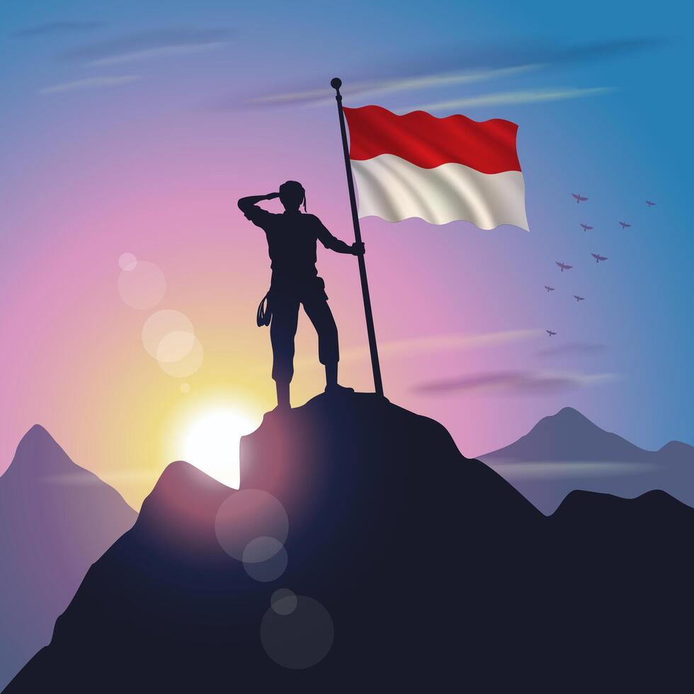 Monaco flag raised on mountain peak with purplish yellow sunset background vector