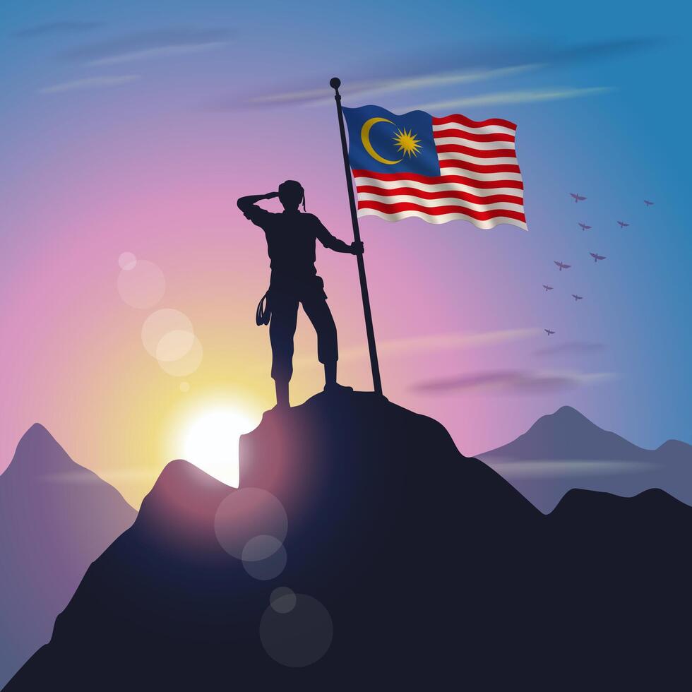 Malaysia flag raised on mountain peak with purplish yellow sunset background vector