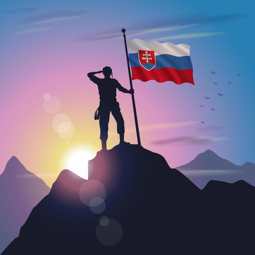 Slovakia flag raised on mountain peak with purplish yellow sunset background vector