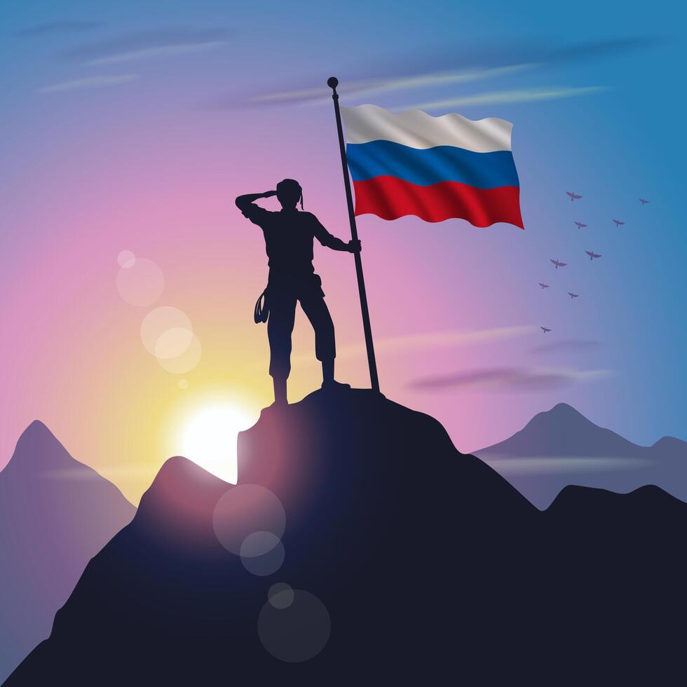 Russian flag raised on mountain peak with purplish yellow sunset background vector