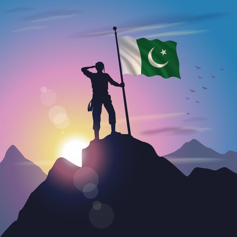 Pakistan flag raised on mountain peak with purplish yellow sunset background vector