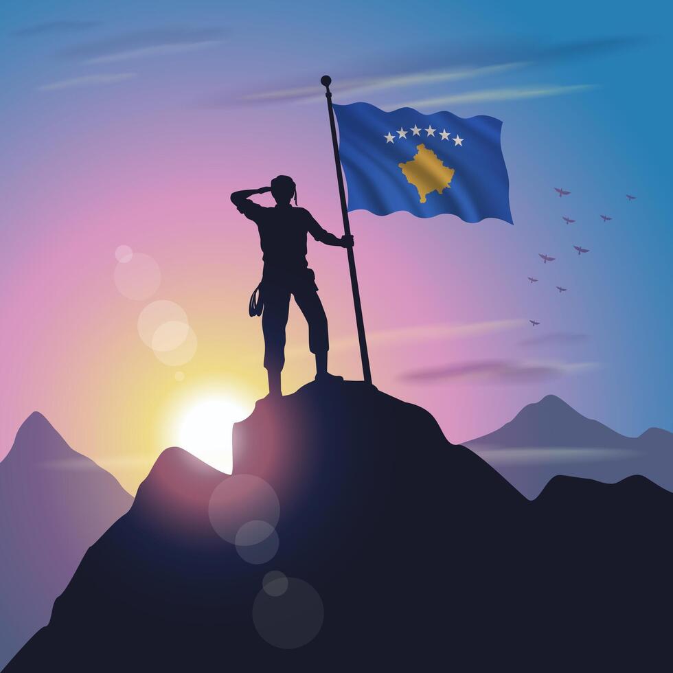 Kosovo flag raised on mountain peak with purplish yellow sunset background vector