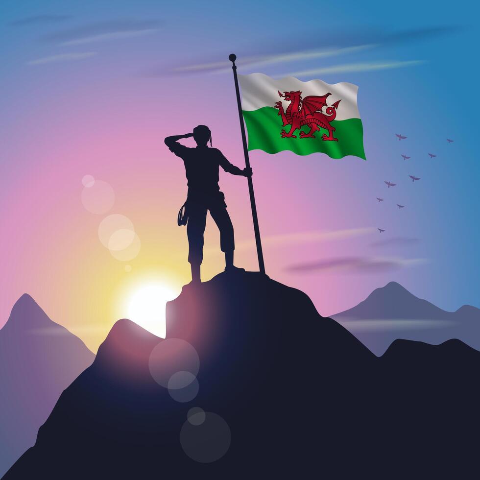 Wales flag raised on mountain peak with purplish yellow sunset background vector