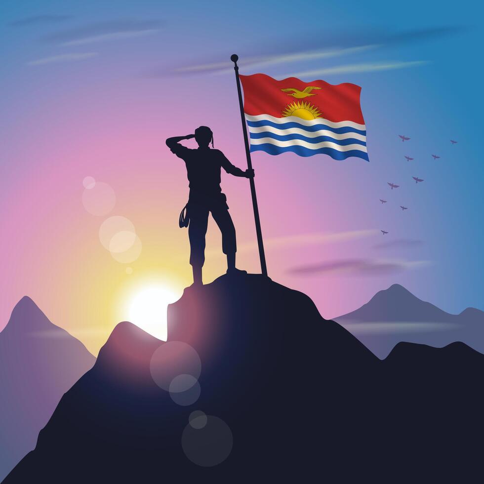 Kiribati flag raised on mountain peak with purplish yellow sunset background vector