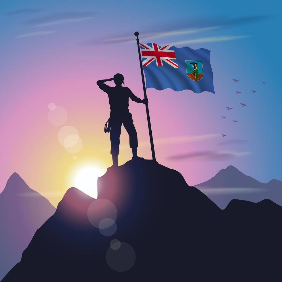 Montserrat flag raised on mountain peak with purplish yellow sunset background vector