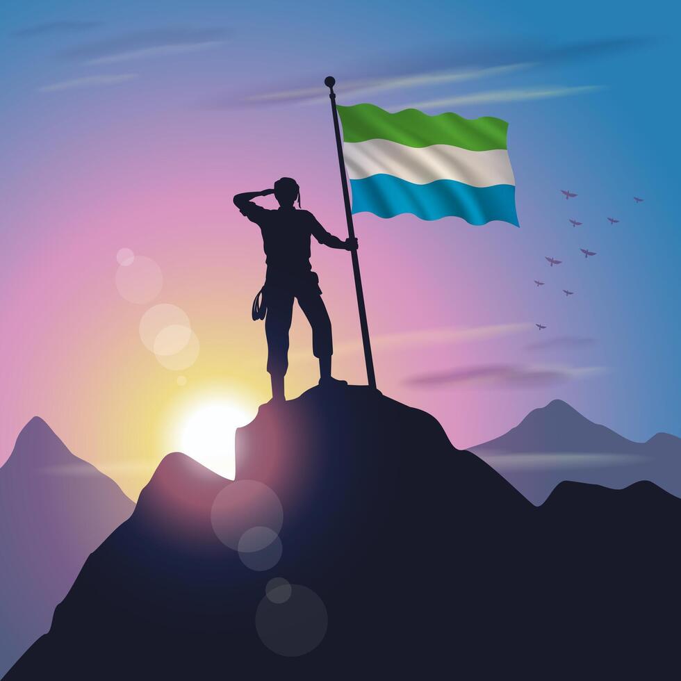 Sierra Leone flag raised on mountain peak with purplish yellow sunset background vector
