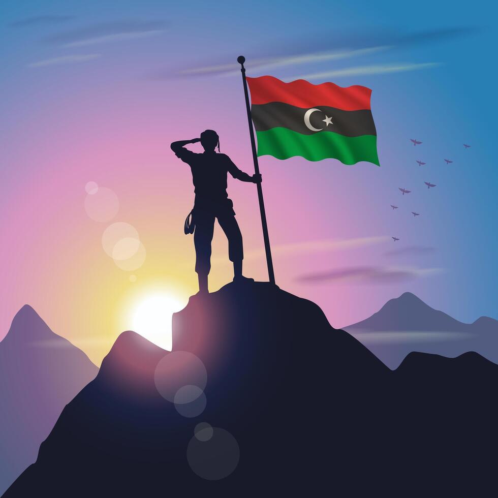 Libya flag raised on mountain peak with purplish yellow sunset background vector