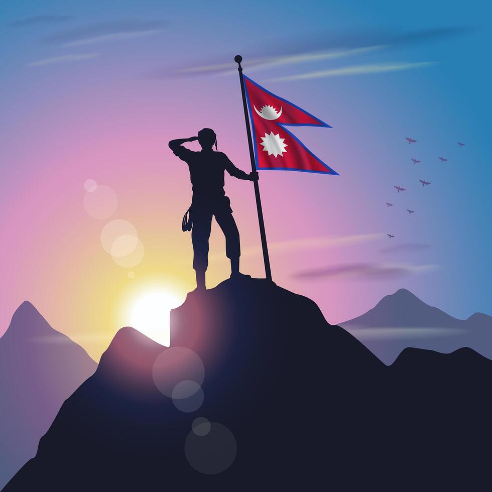 Nepal flag raised on mountain peak with purplish yellow sunset background vector