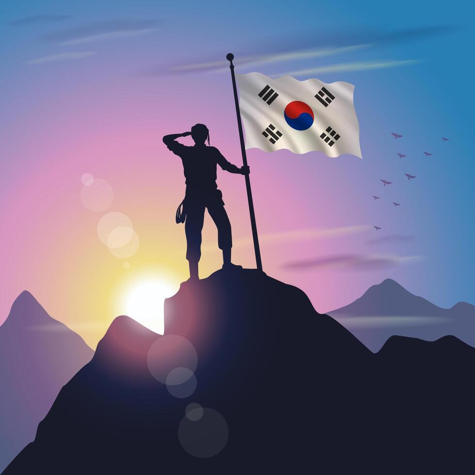 South Korea flag raised on mountain peak with purplish yellow sunset background vector