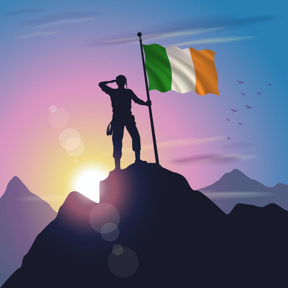 Ireland flag raised on mountain peak with purplish yellow sunset background vector