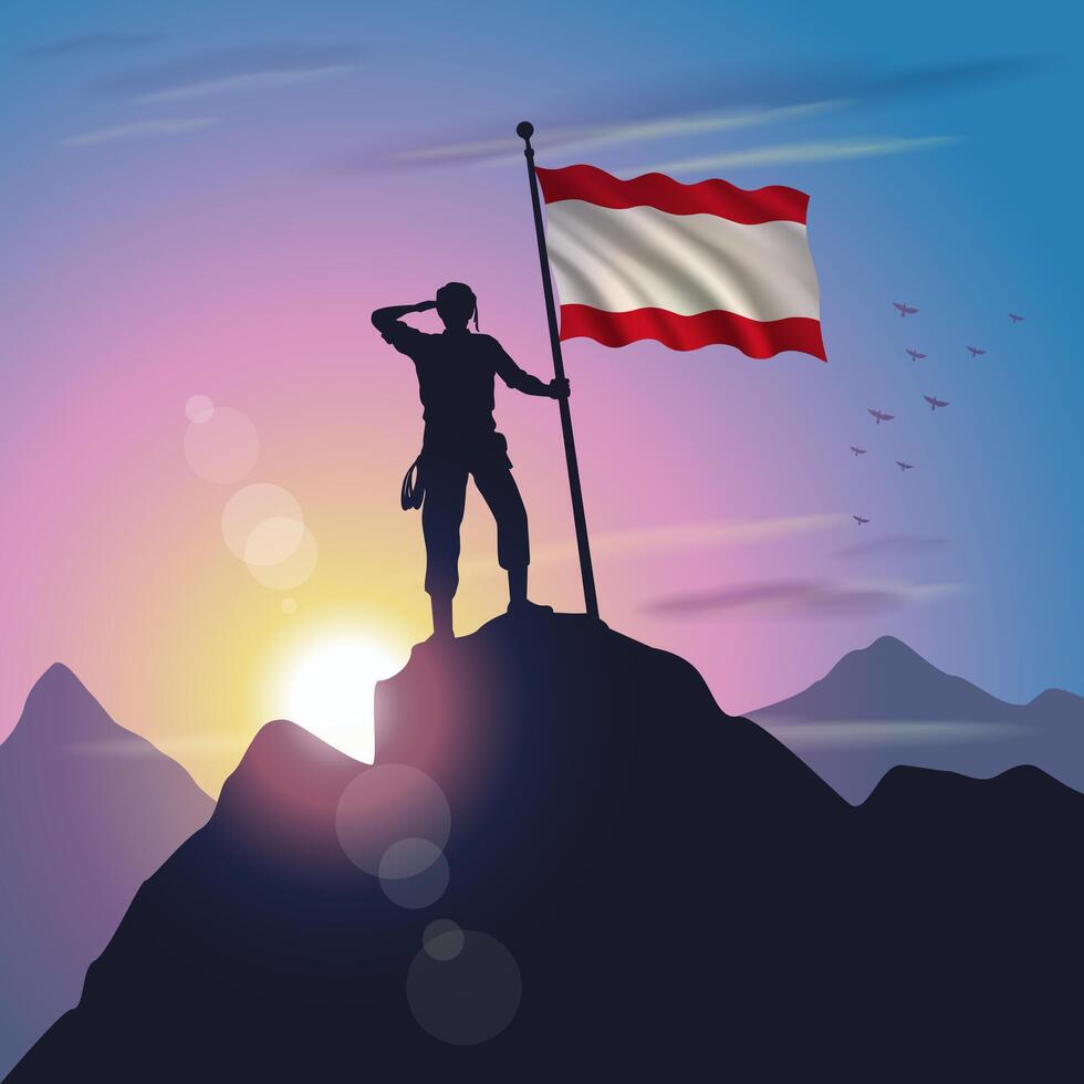 Tahiti flag raised on mountain peak with purplish yellow sunset background vector