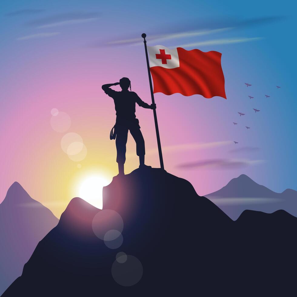 Tonga flag raised on mountain peak with purplish yellow sunset background vector