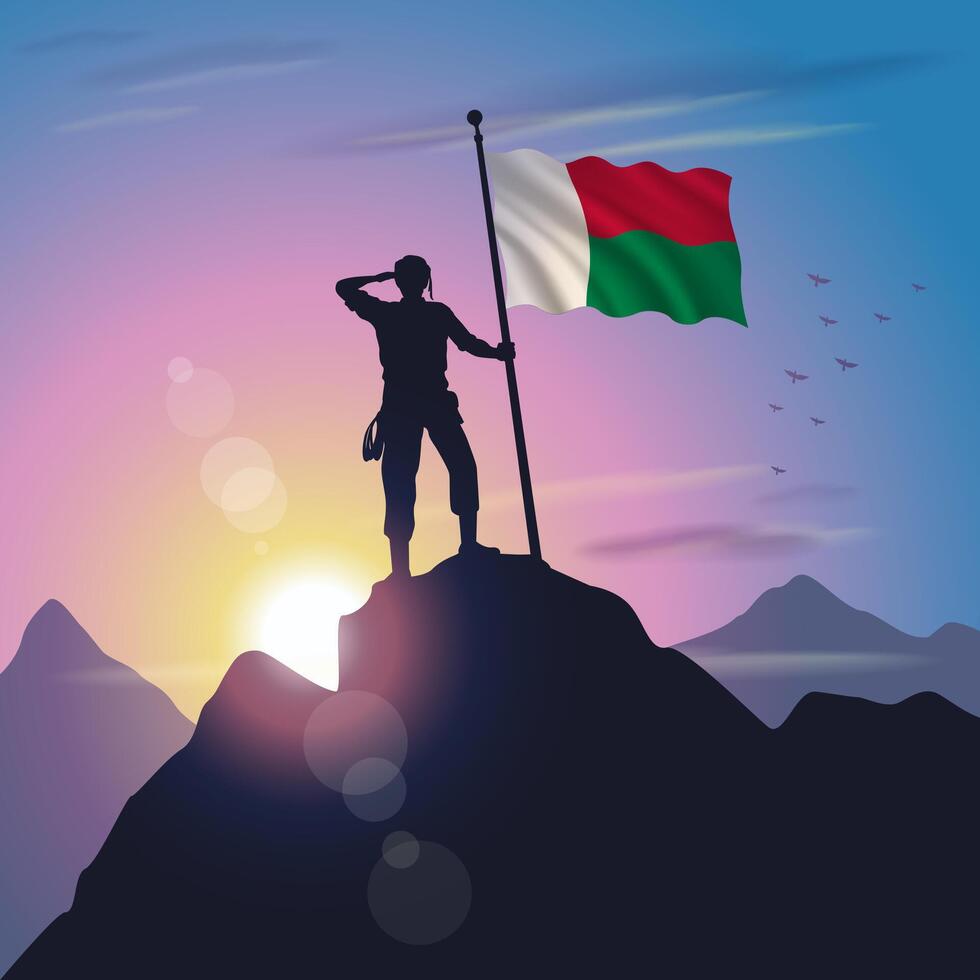 Madagascar flag raised on mountain peak with purplish yellow sunset background vector