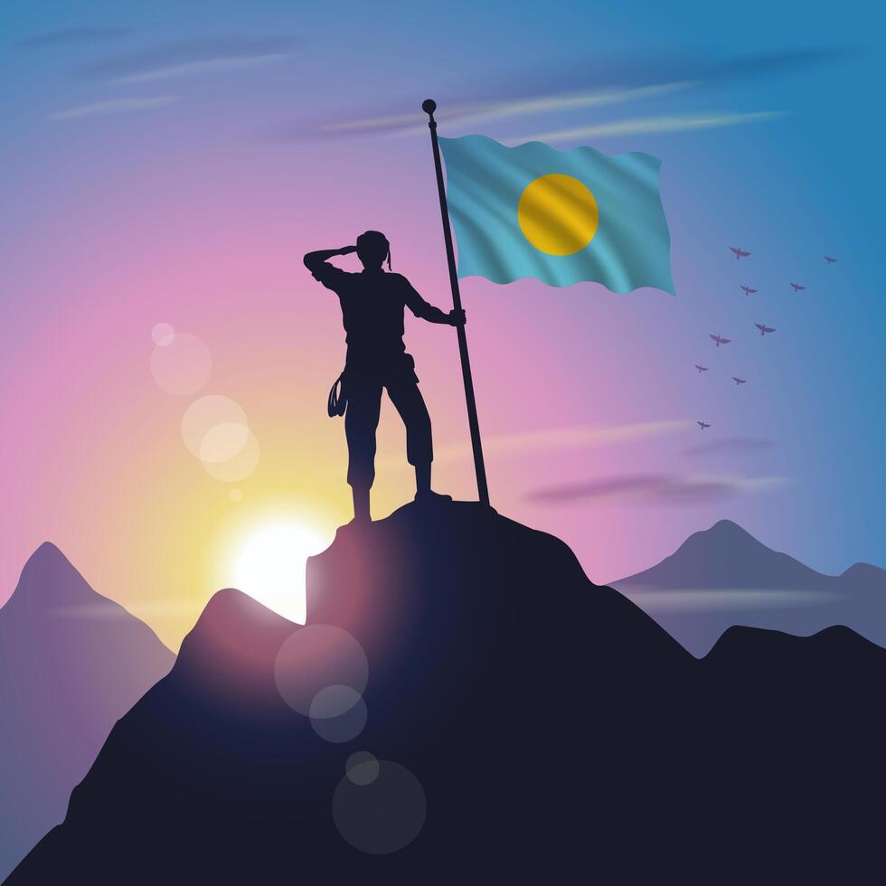 Palau flag raised on mountain peak with purplish yellow sunset background vector