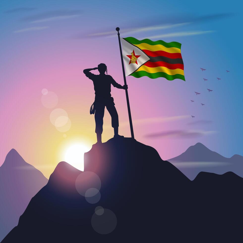 Zimbabwe flag raised on mountain peak with purplish yellow sunset background vector