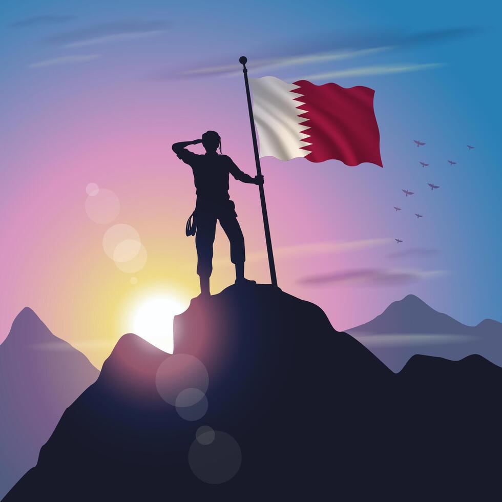 Qatar flag raised on mountain peak with purplish yellow sunset background vector