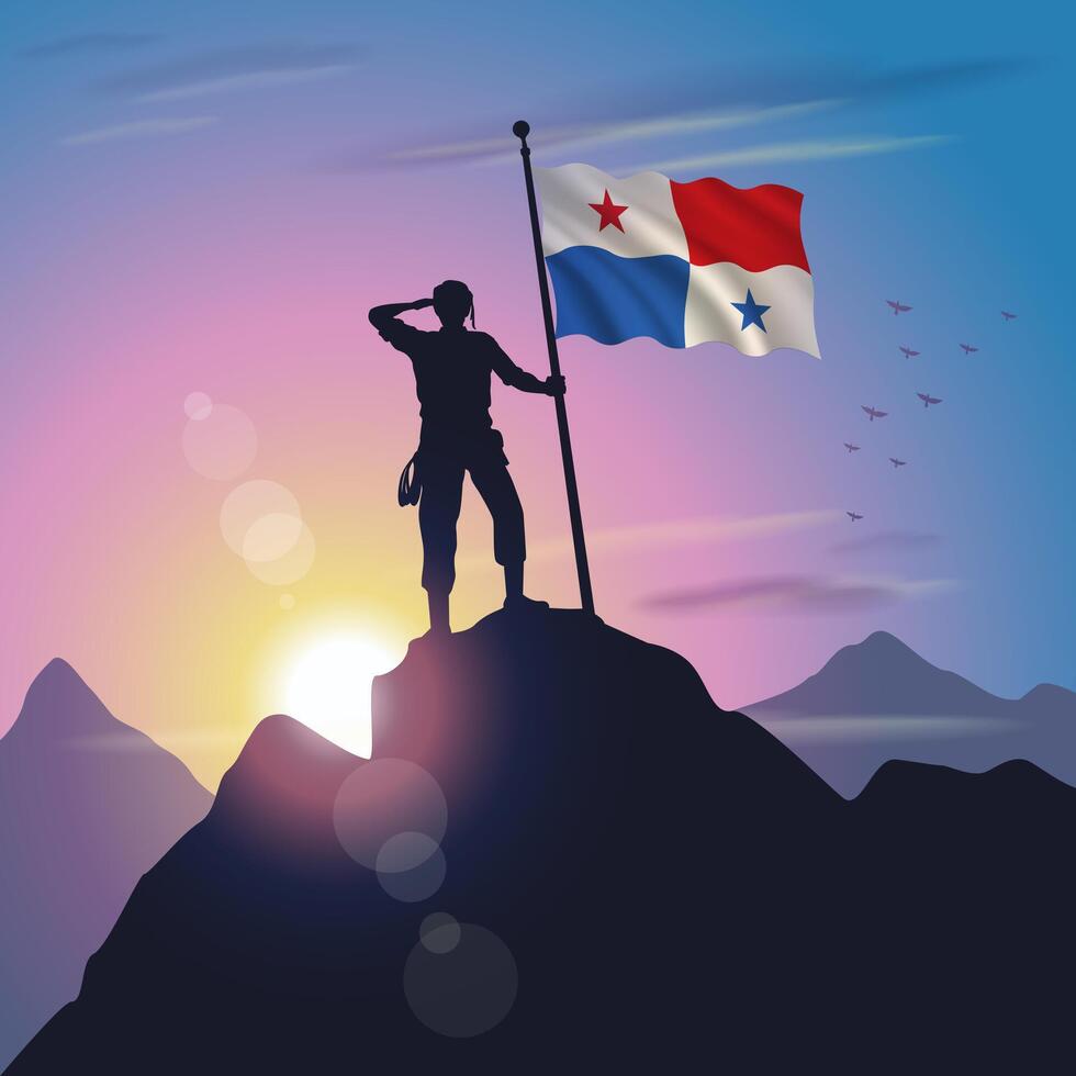 Panama flag raised on mountain peak with purplish yellow sunset background vector