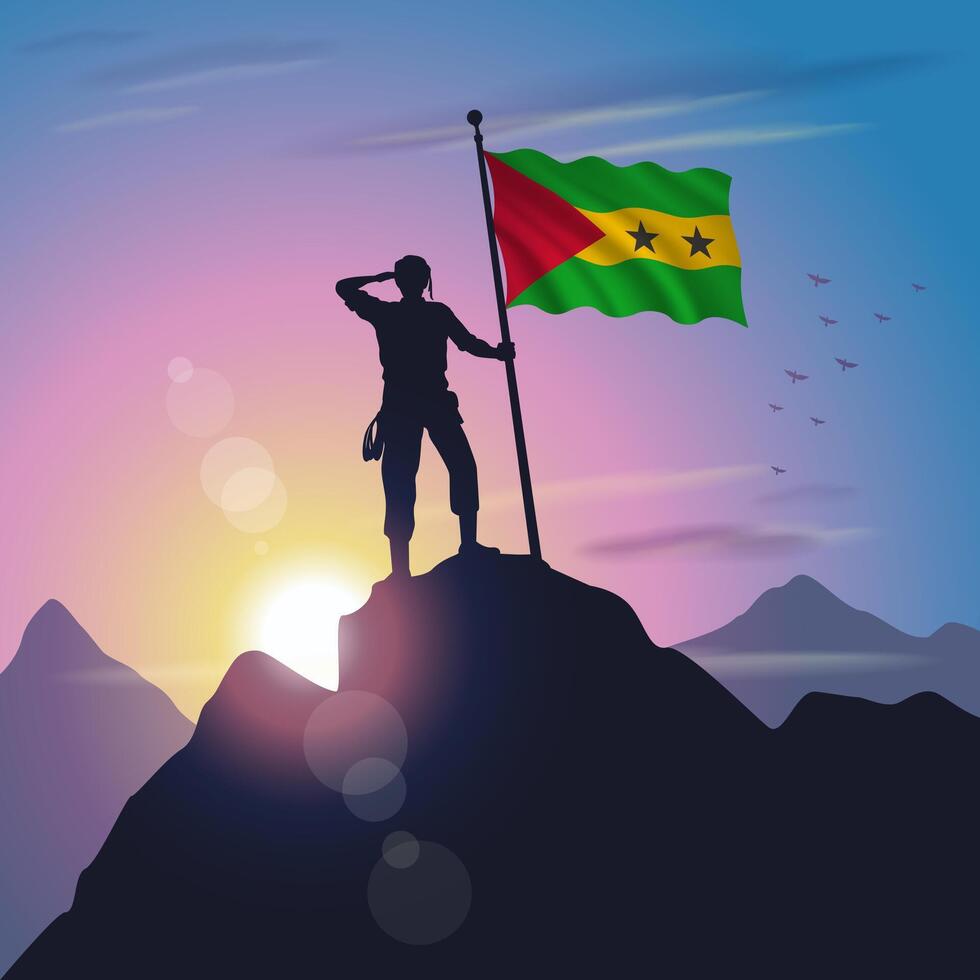 Sao Tome and Principe flag raised on mountain peak with purplish yellow sunset background vector