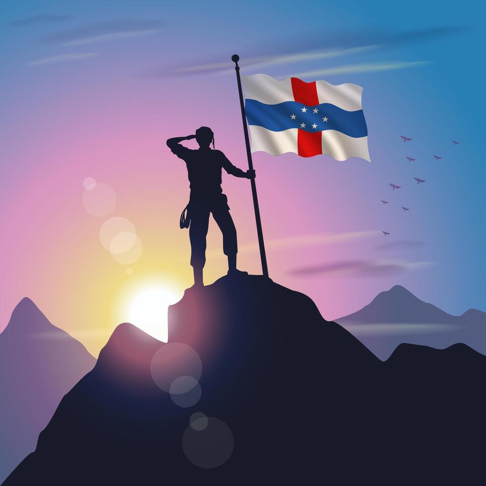 Netherlands Antilles flag raised on mountain peak with purplish yellow sunset background vector