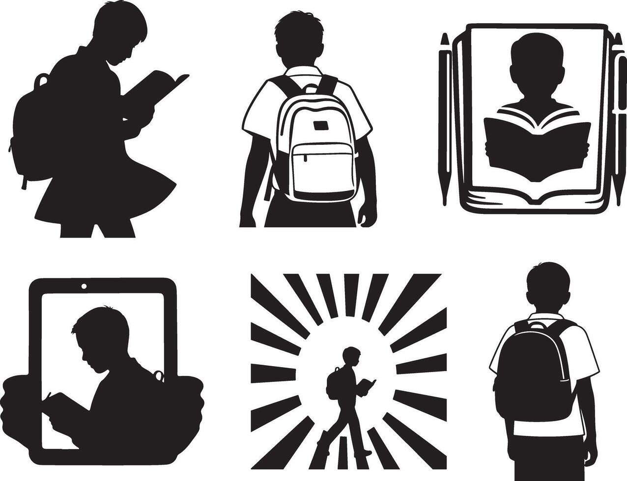 Silhouette illustrations of students in various school-related activities vector
