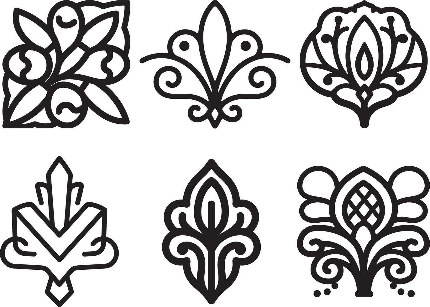 Six decorative floral design elements in black line art vector