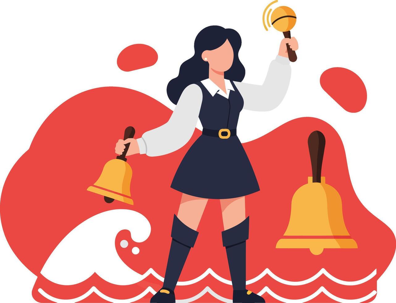 Schoolgirl ringing golden hand bells with red abstract background illustration vector