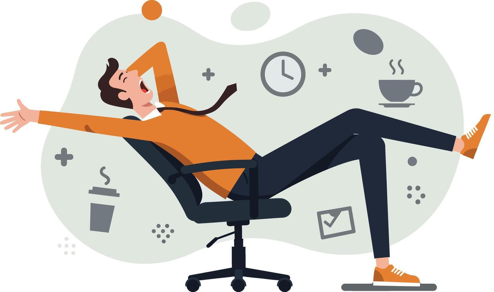 Relaxed man leaning back on office chair with casual posture and work icons around illustration vector
