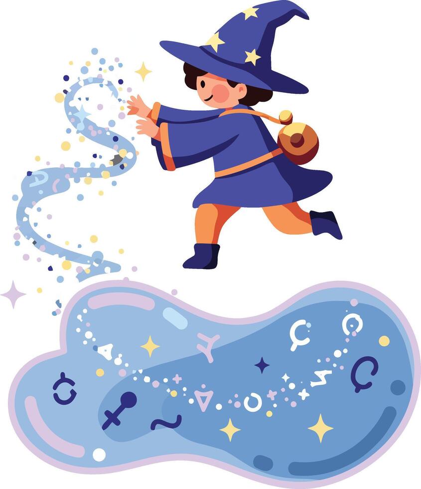 Child Wizard Casting Magic Spell with Stars and Symbols in Blue and Orange Colors Illustration vector
