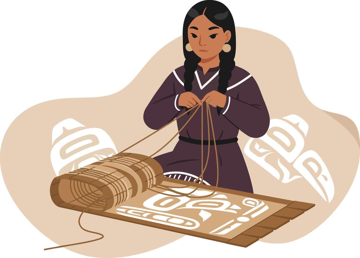 Woman weaving traditional textile fabric with yarn and loom in cultural craft art illustration vector