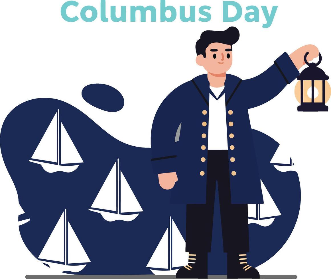 Christopher Columbus holding lantern with sailing ships celebrating Columbus Day illustration in navy and white colors vector