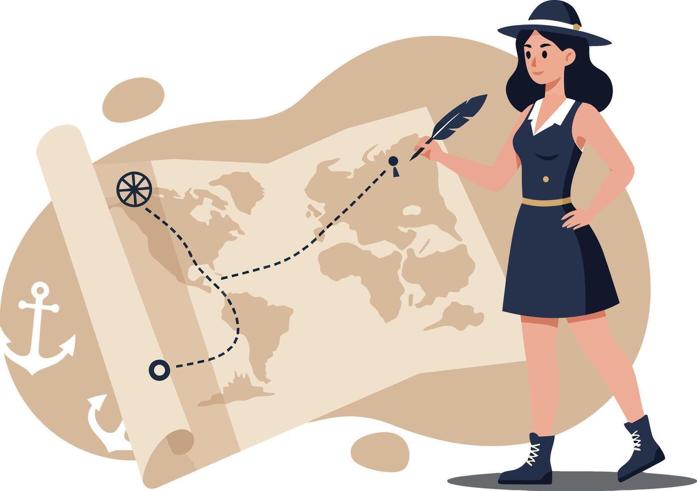 Woman Explorer Holding Compass Pointing to World Map on Old Scroll with Nautical Anchor Illustration vector