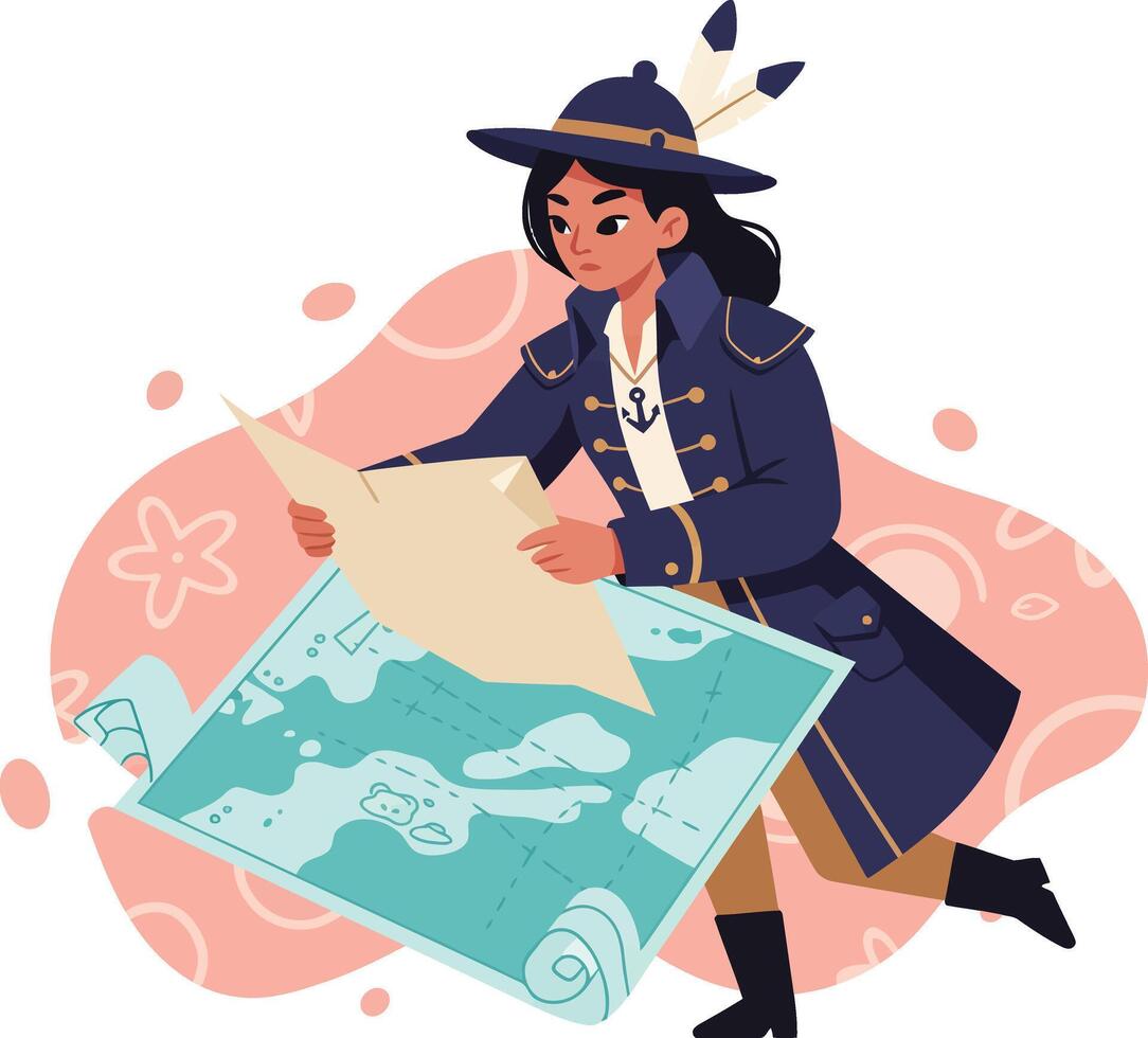 Female pirate holding treasure map exploring unknown routes in adventurous sea journey illustration vector