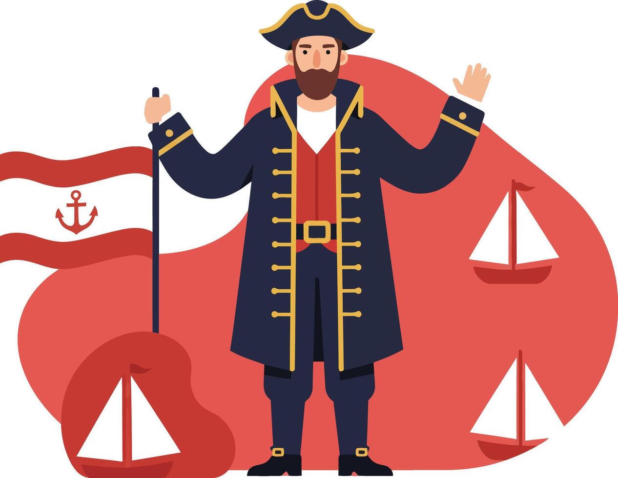 Pirate captain standing with flag and sailboats on red background illustration vector