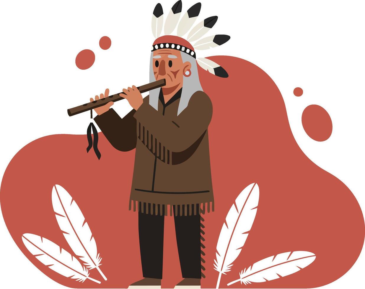 Native American man playing traditional flute with feather headdress and cultural attire illustration vector