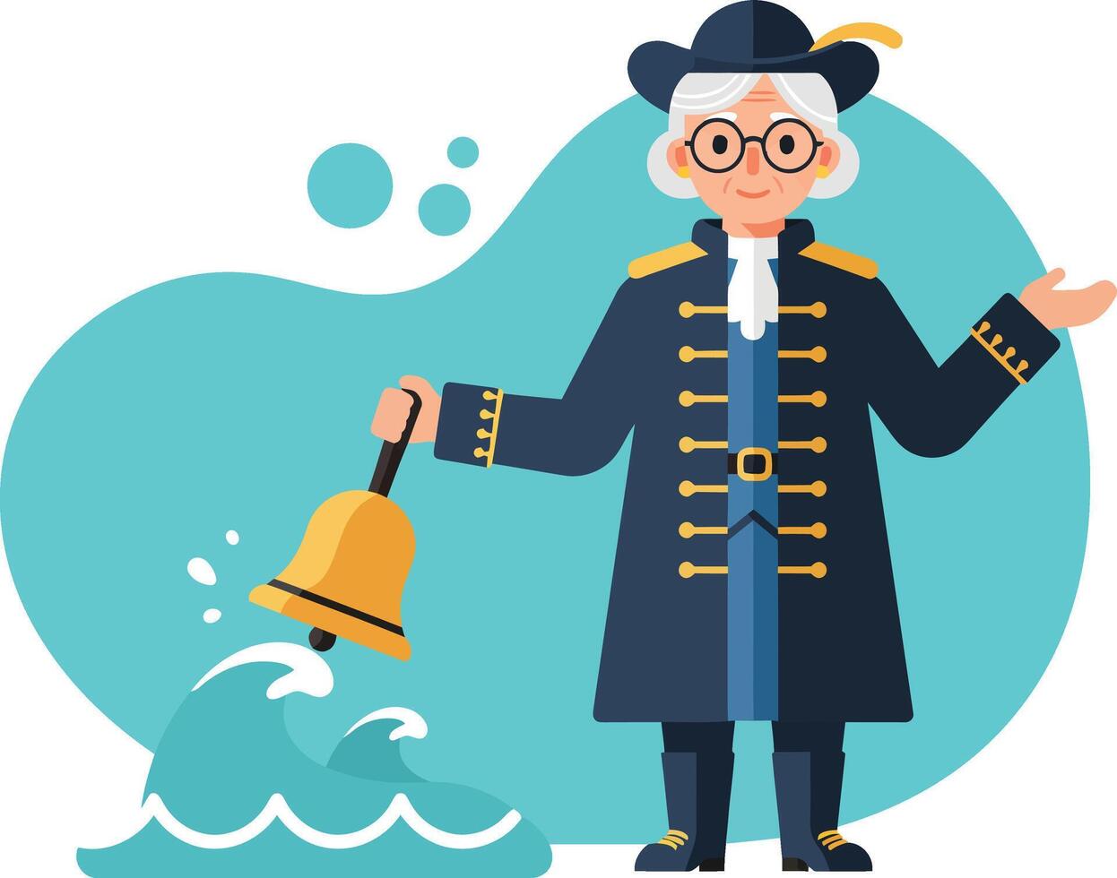Captain ringing ship bell in navy coat with feathered hat near ocean waves illustration vector