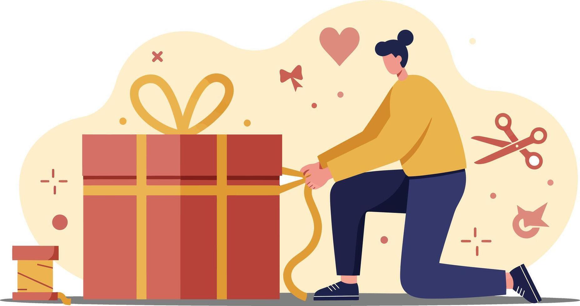 Person wrapping large gift box with ribbon and scissors for special occasion celebration in warm tones illustration vector