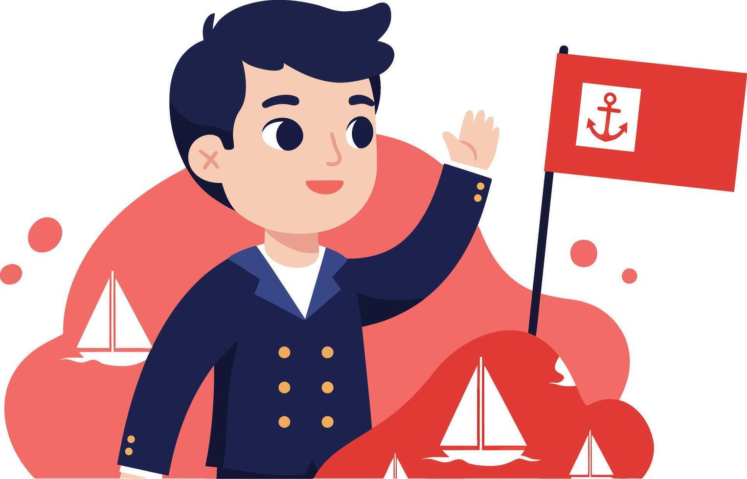 Young boy sailor holding red flag with anchor symbol surrounded by sailboats illustration vector