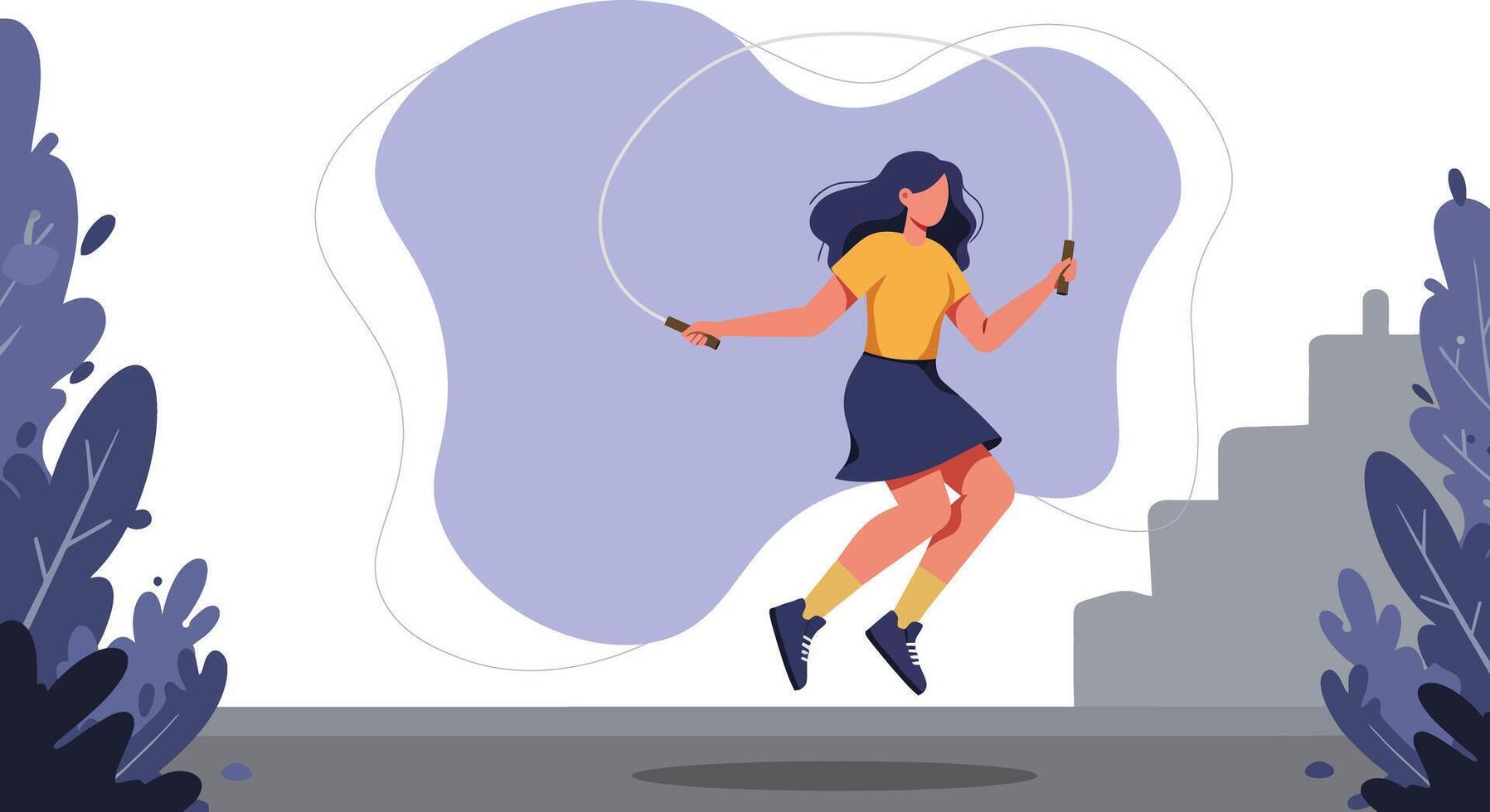 Woman jumping rope exercising outdoors with stairs and plants in the background healthy lifestyle activity illustration vector