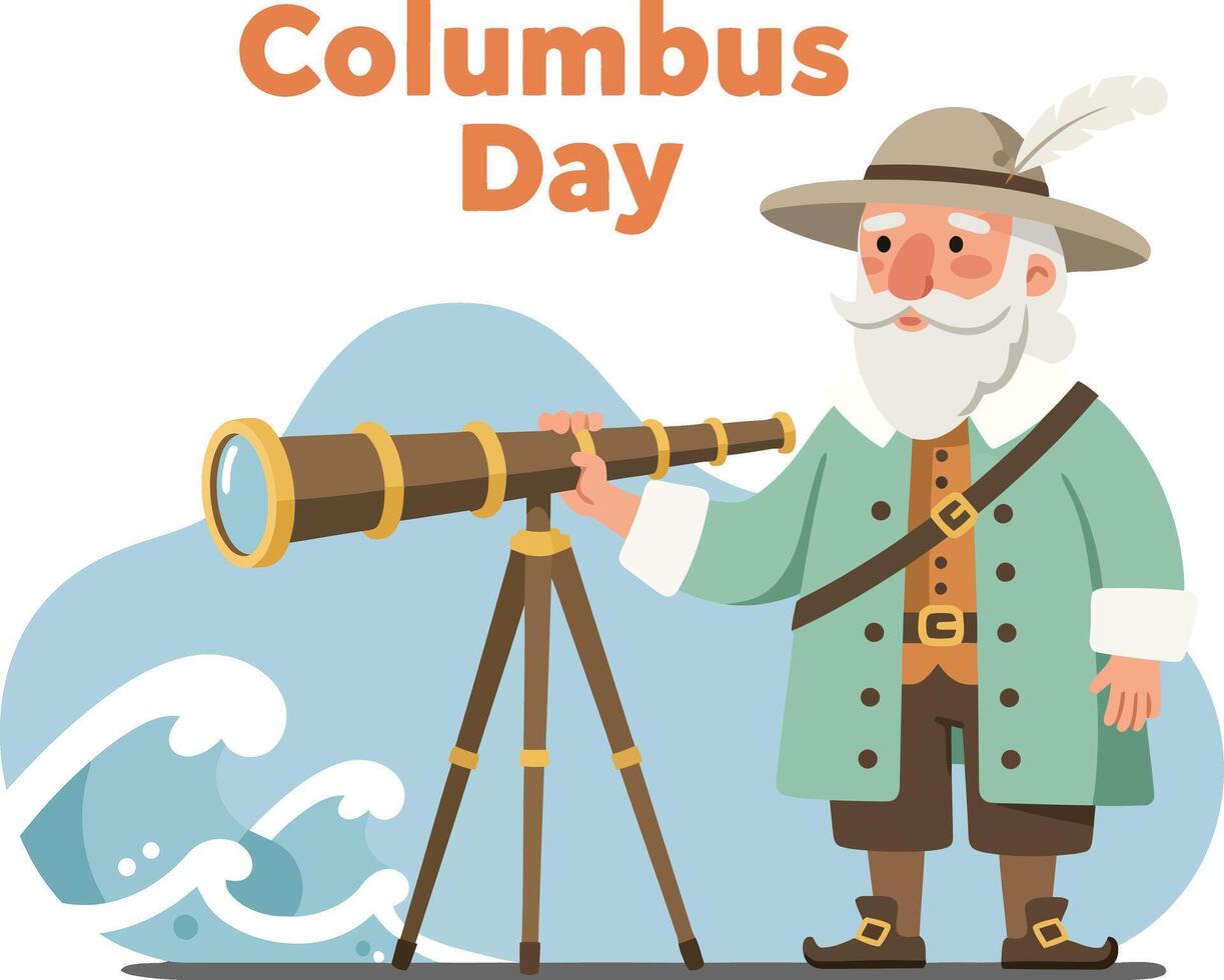 Columbus Day celebration with historic explorer holding telescope and ocean waves background illustration vector