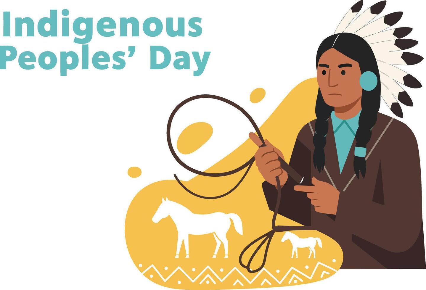 Indigenous Peoples Day Native American man with feather headdress holding lasso illustration vector