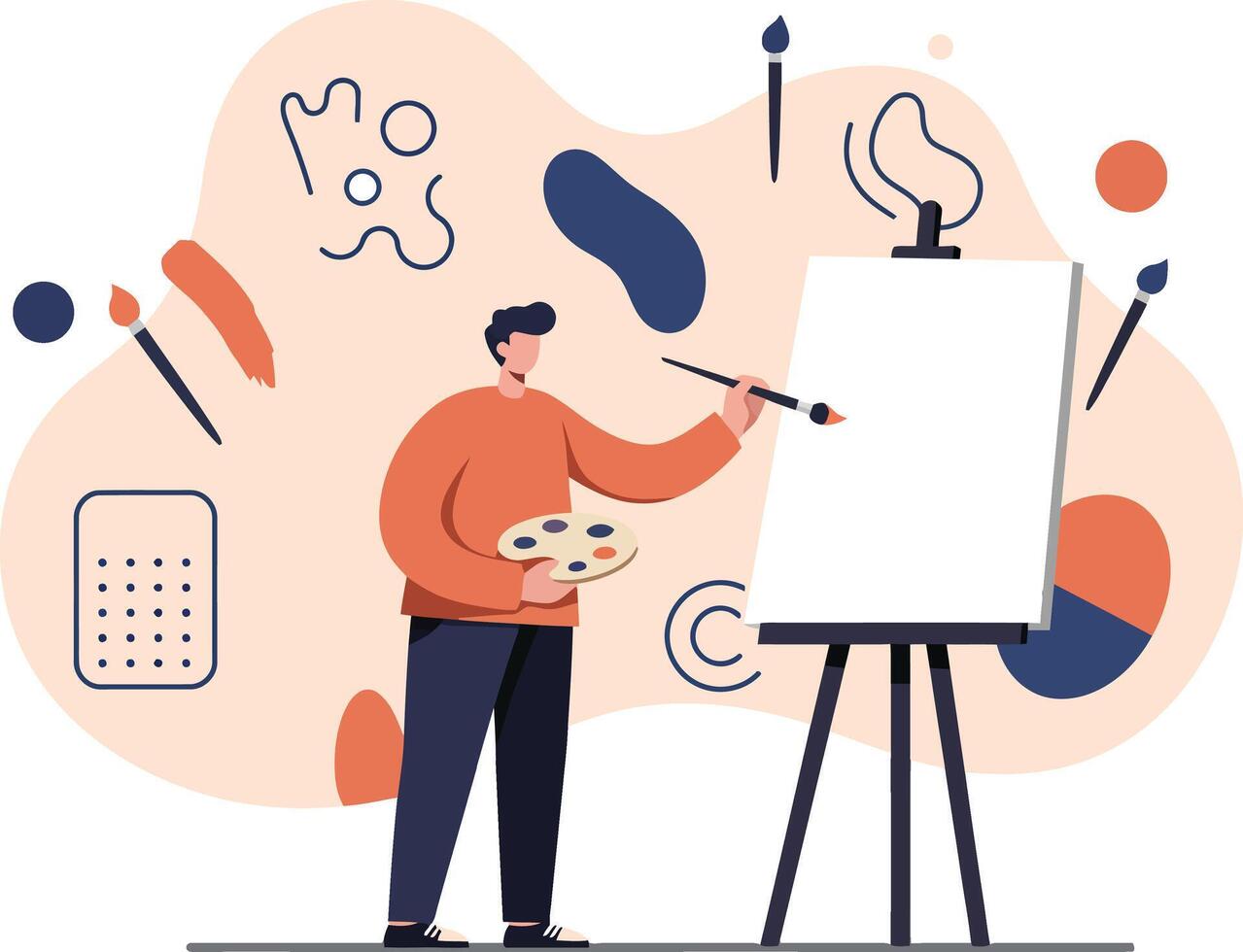 Artist painting on canvas with palette and brush in creative studio environment illustration vector