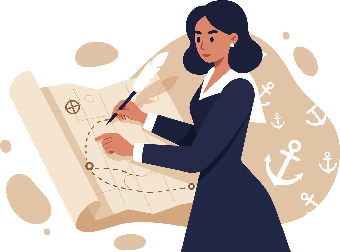 Woman Navigating with Map and Compass Illustration in Modern Flat Design Style for Travel Concept vector