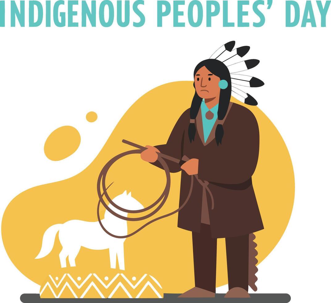 Indigenous man celebrating Indigenous Peoples Day holding a lasso in brown outfit illustration vector