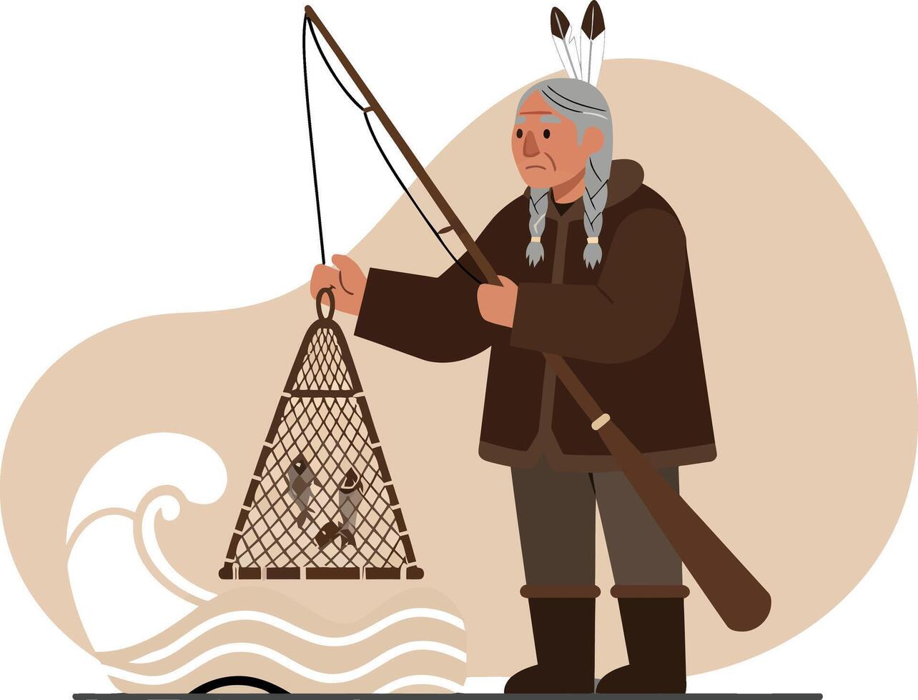 Fisherman Catching Fish with Net and Rod Wearing Traditional Clothing Illustration vector