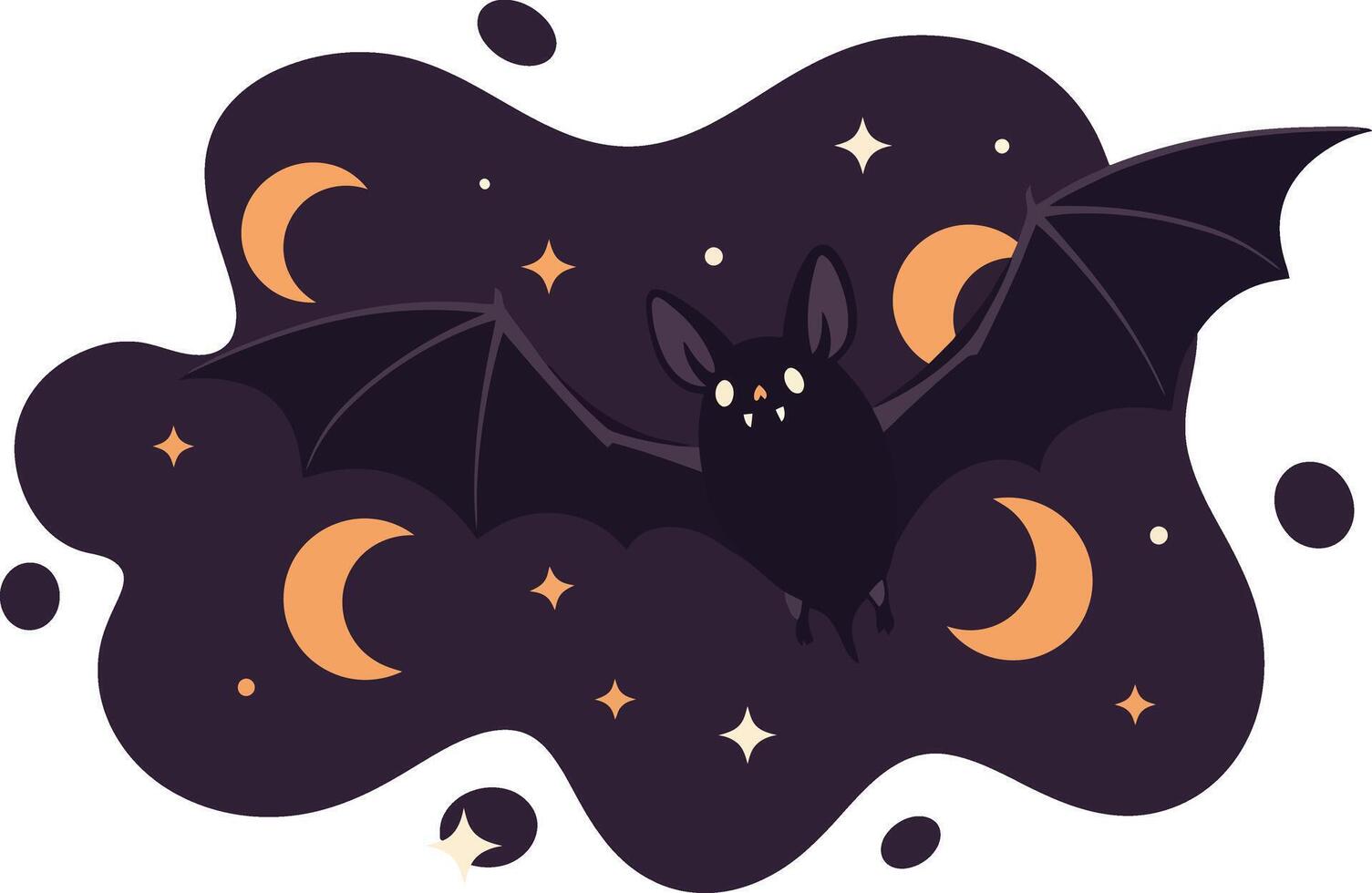 Bat flying at night with crescent moons and stars in dark purple sky illustration vector