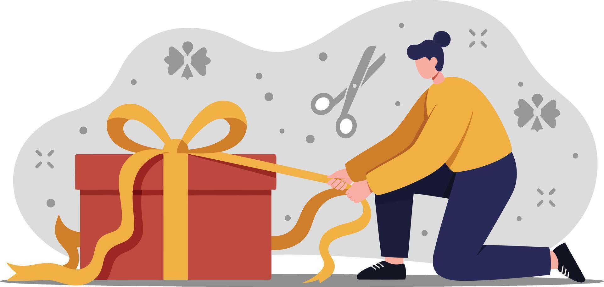 Person unwrapping large gift box with golden ribbon illustration for celebration and leisure activities vector
