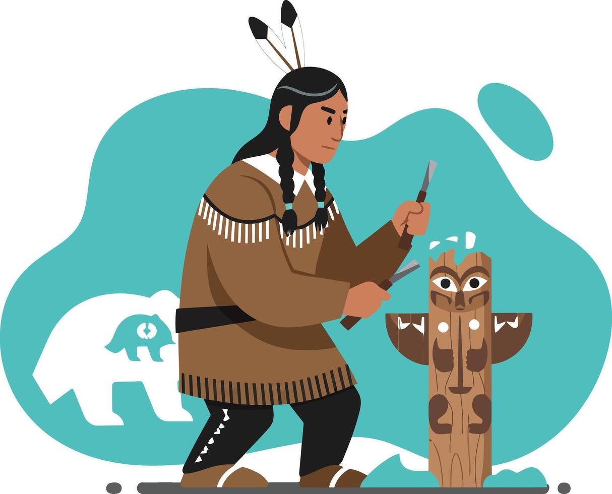 Native American man carving traditional totem pole with bear symbol in tribal attire illustration vector