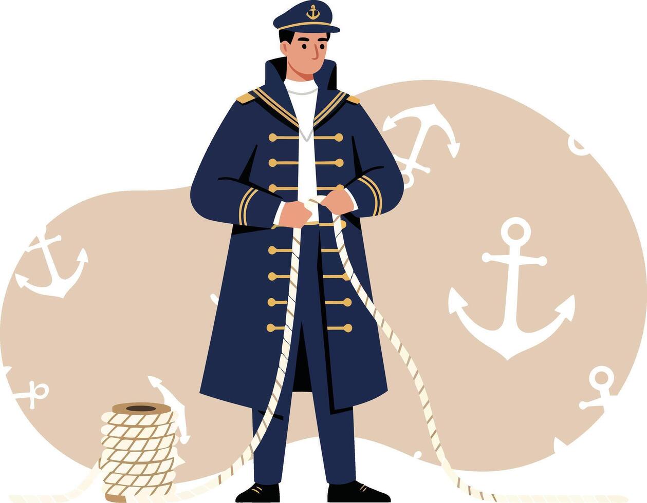 Sailor in traditional navy uniform holding rope with anchor symbols background illustration vector