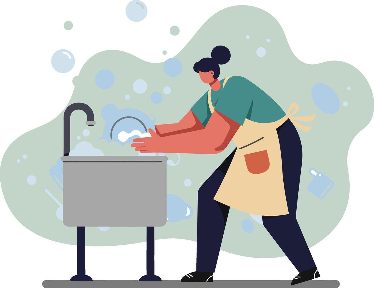 Woman washing dishes in kitchen sink with soap bubbles illustration in simple style vector